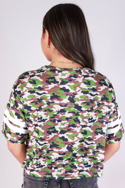 Jeans Warehouse Hawaii - S/S PRINT WOVEN CASUAL TOPS - 85 LACE JERSEY CAMO TOP | By TOP CHIC