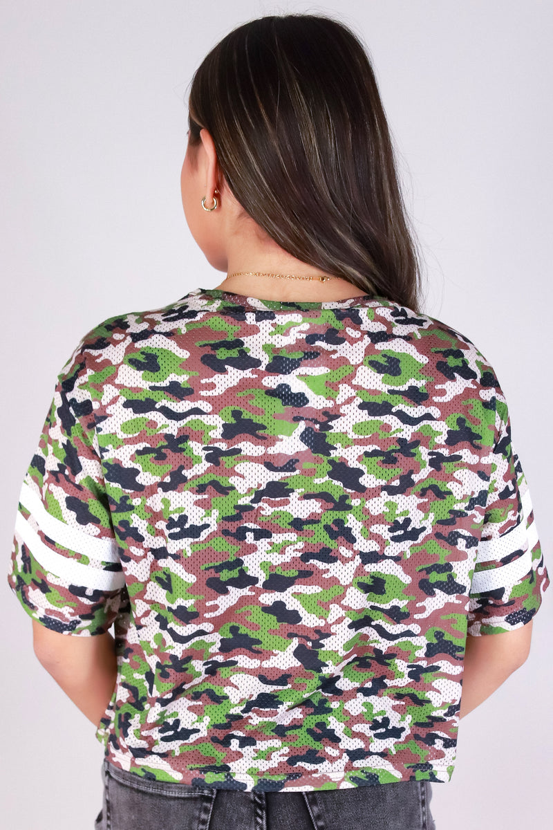 Jeans Warehouse Hawaii - S/S PRINT WOVEN CASUAL TOPS - 85 LACE JERSEY CAMO TOP | By TOP CHIC