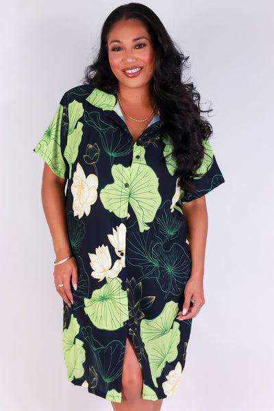 Jeans Warehouse Hawaii - PLUS PLUS WOVEN PRINT DRESSES - WATER LILY BUTTON DOWN DRESS | By LUZ
