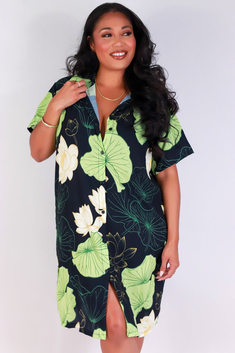 Jeans Warehouse Hawaii - PLUS PLUS WOVEN PRINT DRESSES - WATER LILY BUTTON DOWN DRESS | By LUZ