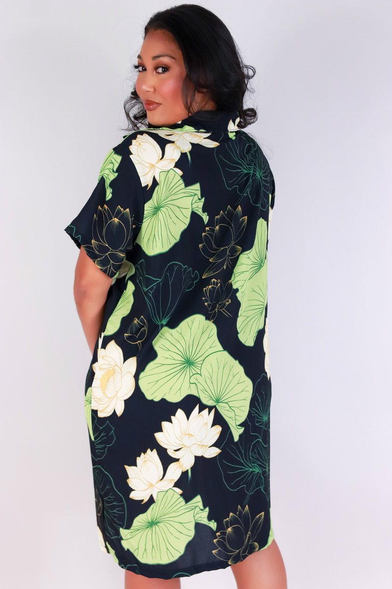 Jeans Warehouse Hawaii - PLUS PLUS WOVEN PRINT DRESSES - WATER LILY BUTTON DOWN DRESS | By LUZ
