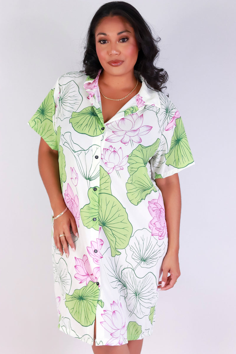 Jeans Warehouse Hawaii - PLUS PLUS WOVEN PRINT DRESSES - WATER LILY BUTTON DOWN DRESS | By LUZ