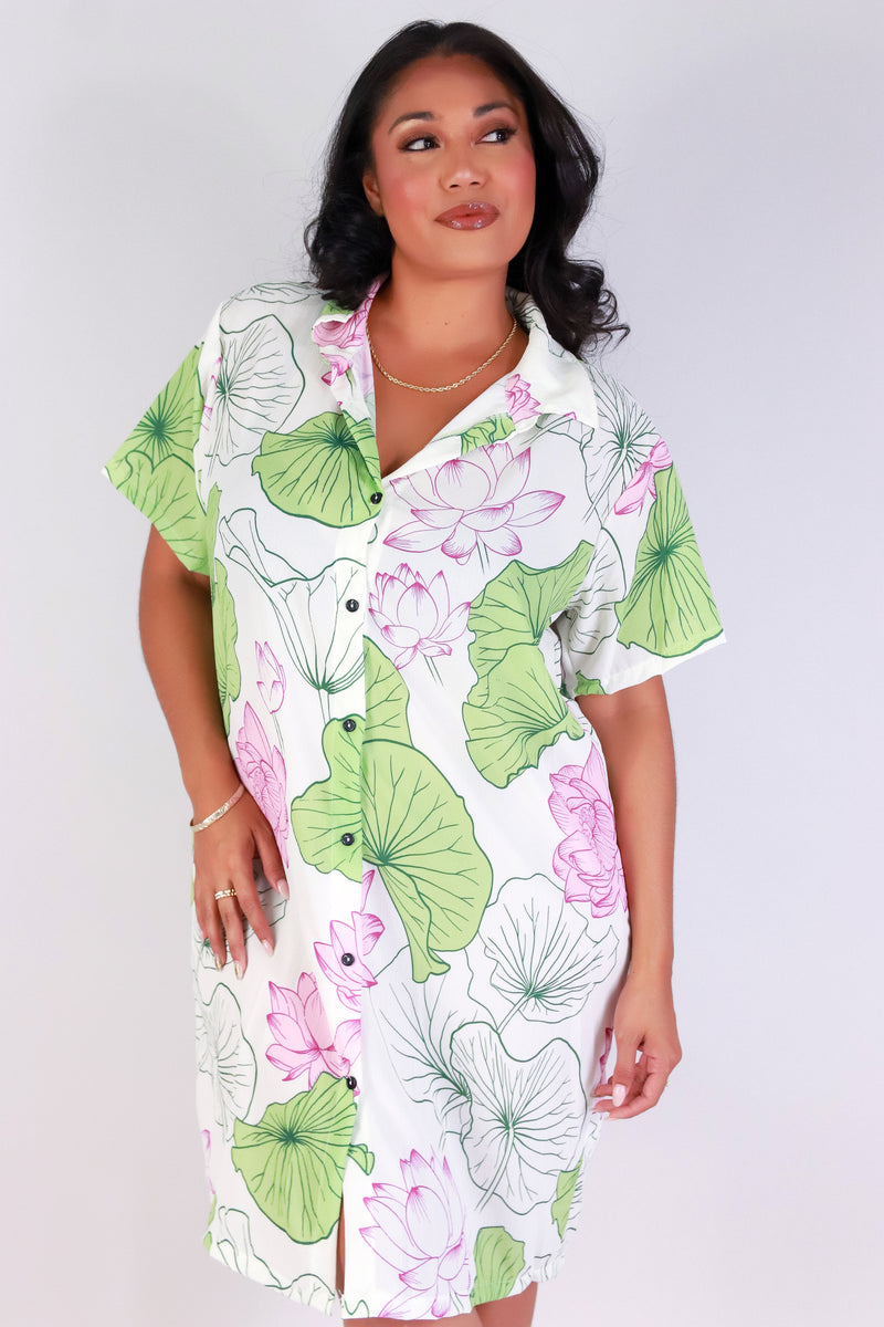 Jeans Warehouse Hawaii - PLUS PLUS WOVEN PRINT DRESSES - WATER LILY BUTTON DOWN DRESS | By LUZ