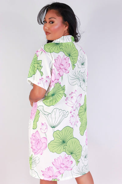 Jeans Warehouse Hawaii - PLUS PLUS WOVEN PRINT DRESSES - WATER LILY BUTTON DOWN DRESS | By LUZ