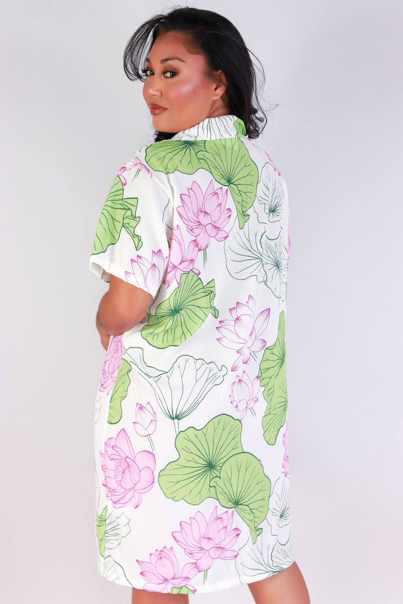 Jeans Warehouse Hawaii - PLUS PLUS WOVEN PRINT DRESSES - WATER LILY BUTTON DOWN DRESS | By LUZ