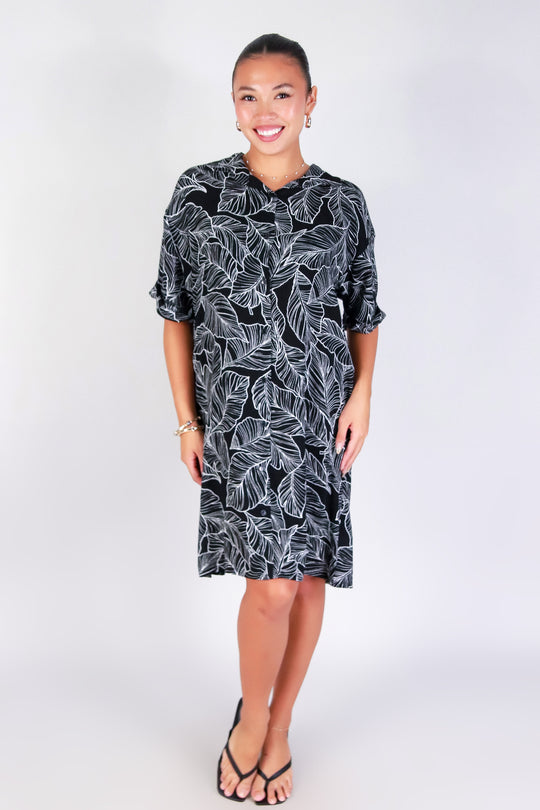 TROPICAL LEAF BUTTON DOWN DRESS