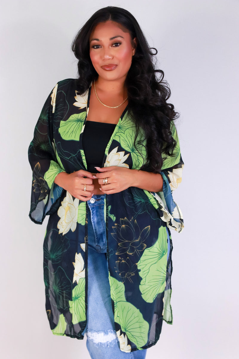 Jeans Warehouse Hawaii - PLUS S/S PRINT WOVEN TOPS - WATER LILY CHIFFON CARDIGAN | By LUZ