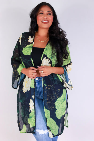 Jeans Warehouse Hawaii - PLUS S/S PRINT WOVEN TOPS - WATER LILY CHIFFON CARDIGAN | By LUZ