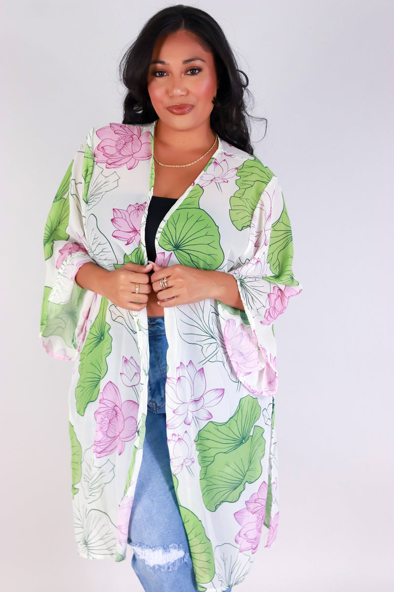 Jeans Warehouse Hawaii - PLUS S/S PRINT WOVEN TOPS - WATER LILY CHIFFON CARDIGAN | By LUZ