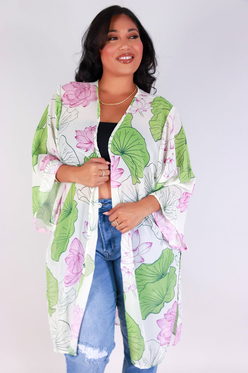 Jeans Warehouse Hawaii - PLUS S/S PRINT WOVEN TOPS - WATER LILY CHIFFON CARDIGAN | By LUZ