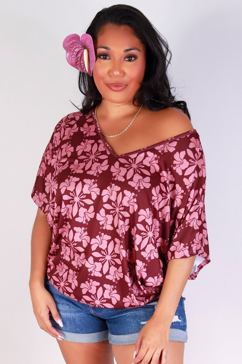 Jeans Warehouse Hawaii - PLUS PRINTED S/S - HIBISCUS QUILT DOLMAN TOP | By LUZ