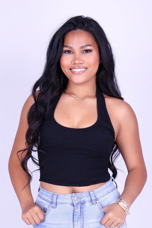 BARELY GOLDEN CROP HALTER TOP