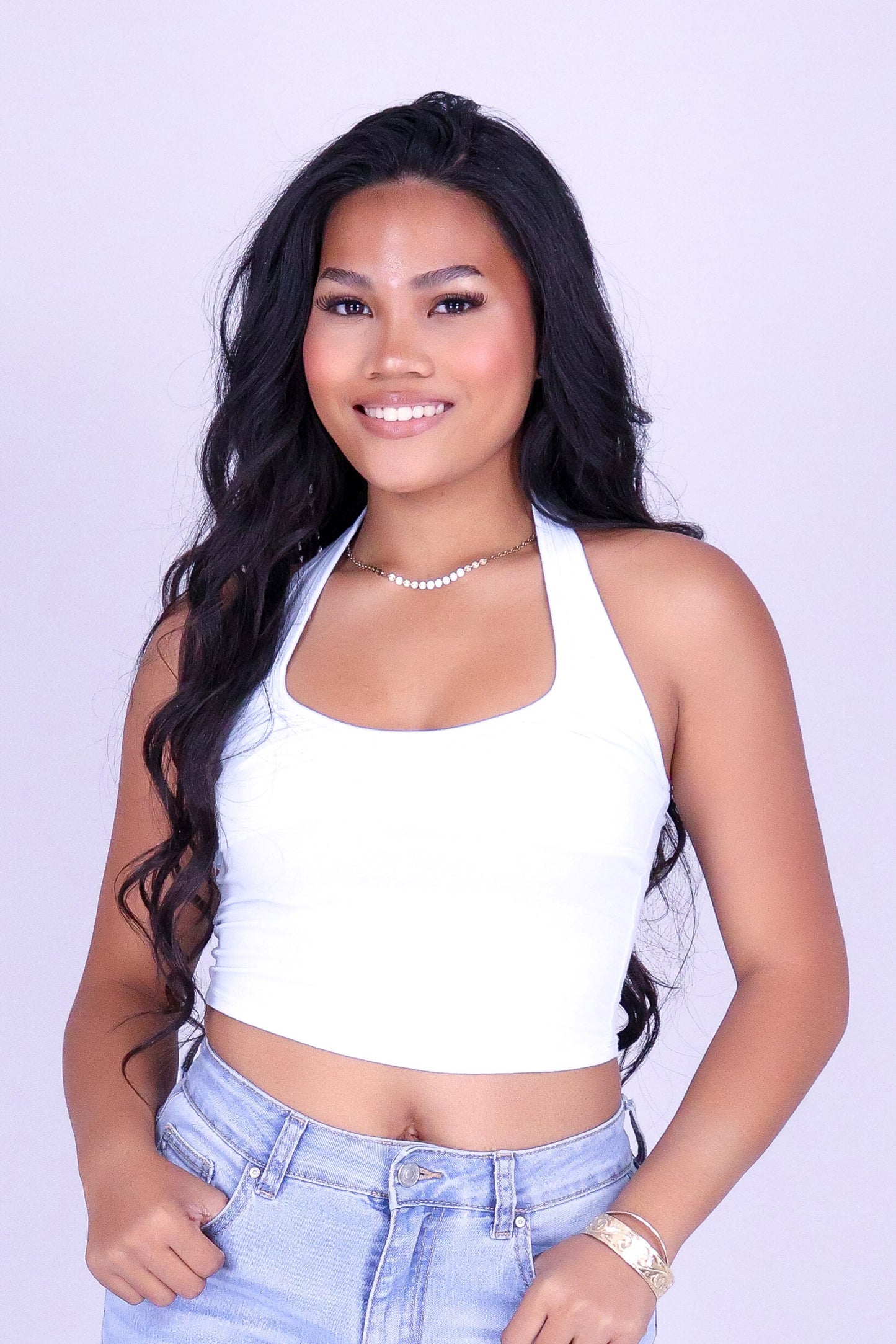 BARELY GOLDEN CROP HALTER TOP