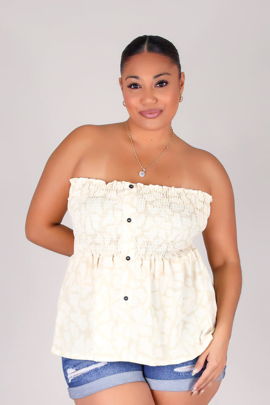 WAVY HIBISCUS SMOCKED BABYDOLL TUBE TOP