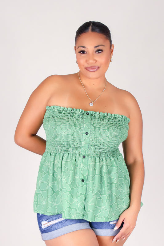 WAVY HIBISCUS SMOCKED BABYDOLL TUBE TOP