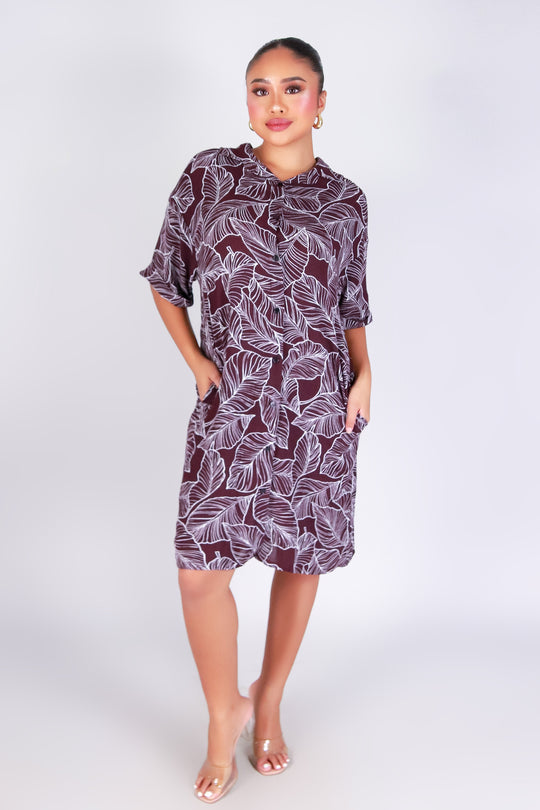 TROPICAL LEAF BUTTON DOWN DRESS