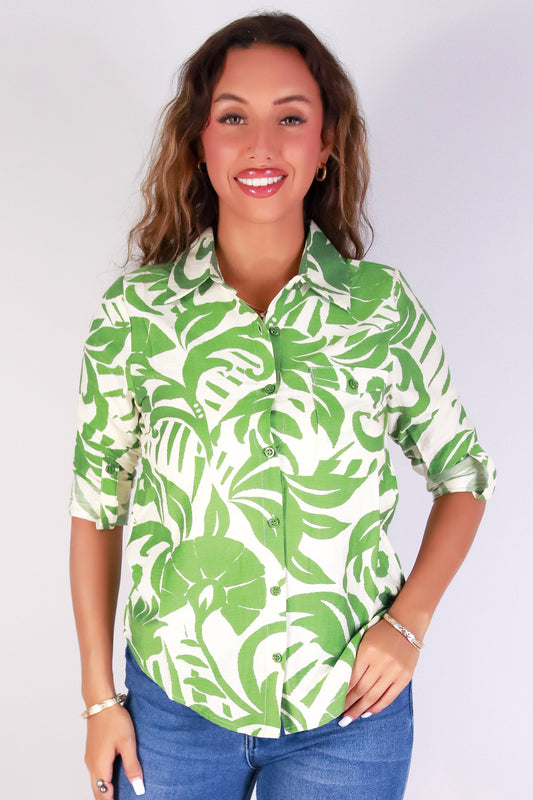 Jeans Warehouse Hawaii - L/S PRINT WOVEN CASUAL TOPS - TROPICAL STATE OF MIND TOP | By EVER B