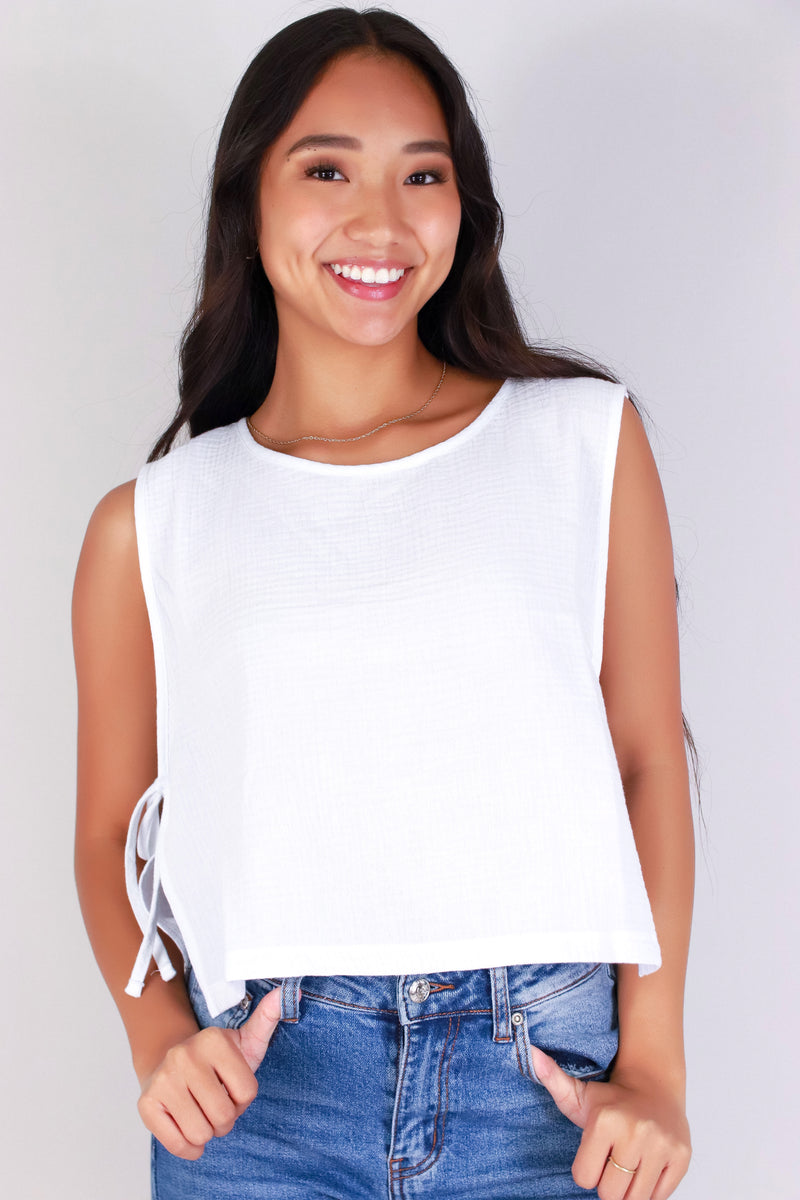 Jeans Warehouse Hawaii - TANK SOLID WOVEN CASUAL TOPS - TIED UP CUTIE TOP | By ZENANA (KC EXCLUSIVE,INC