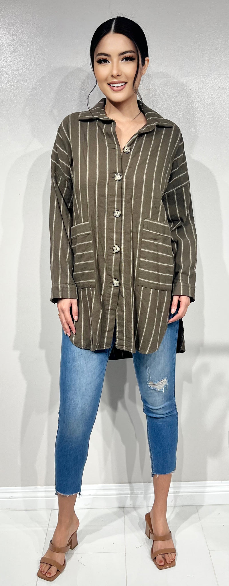 Jeans Warehouse Hawaii - 3/4 & L/S PRINT WOVEN TOPS - LONG SLEEVE STRIPED TUNIC | By FINAL TOUCH