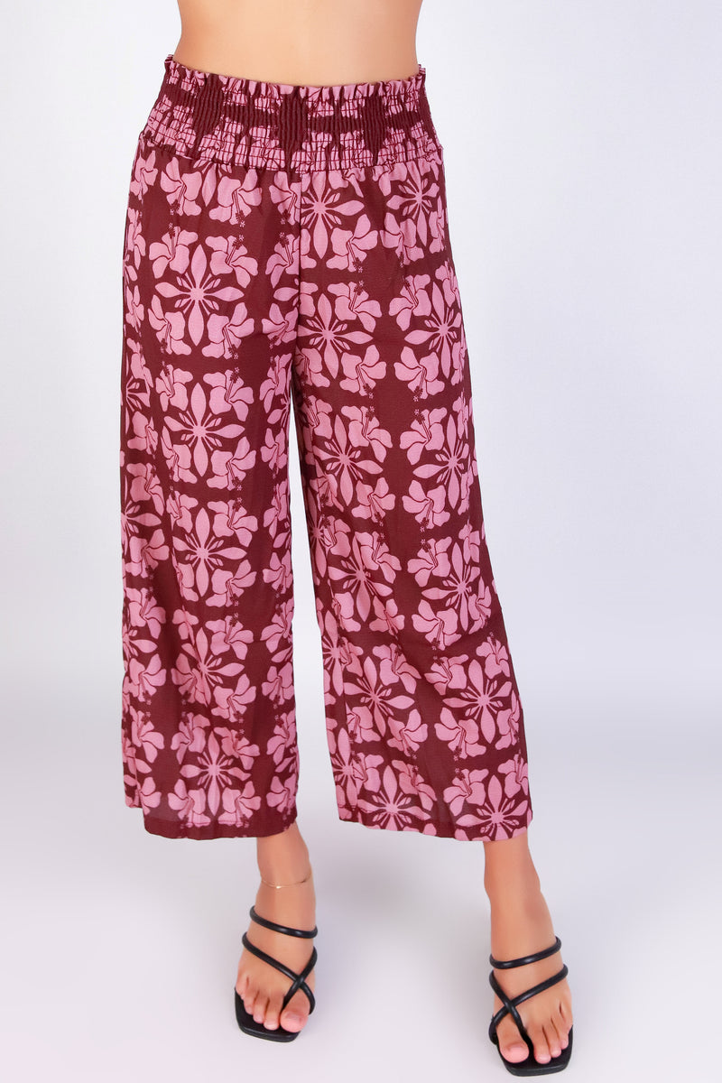Jeans Warehouse Hawaii - PRINT WOVEN PANTS - HIBISCUS QUILT SMOCKED WAIST PANTS | By LUZ