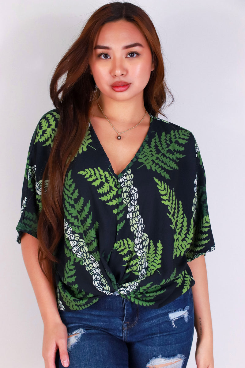 Jeans Warehouse Hawaii - S/S PRINT WOVEN DRESSY TOPS - PIKAKE PALAPALAI TWIST BOTTOM TOP | By LUZ