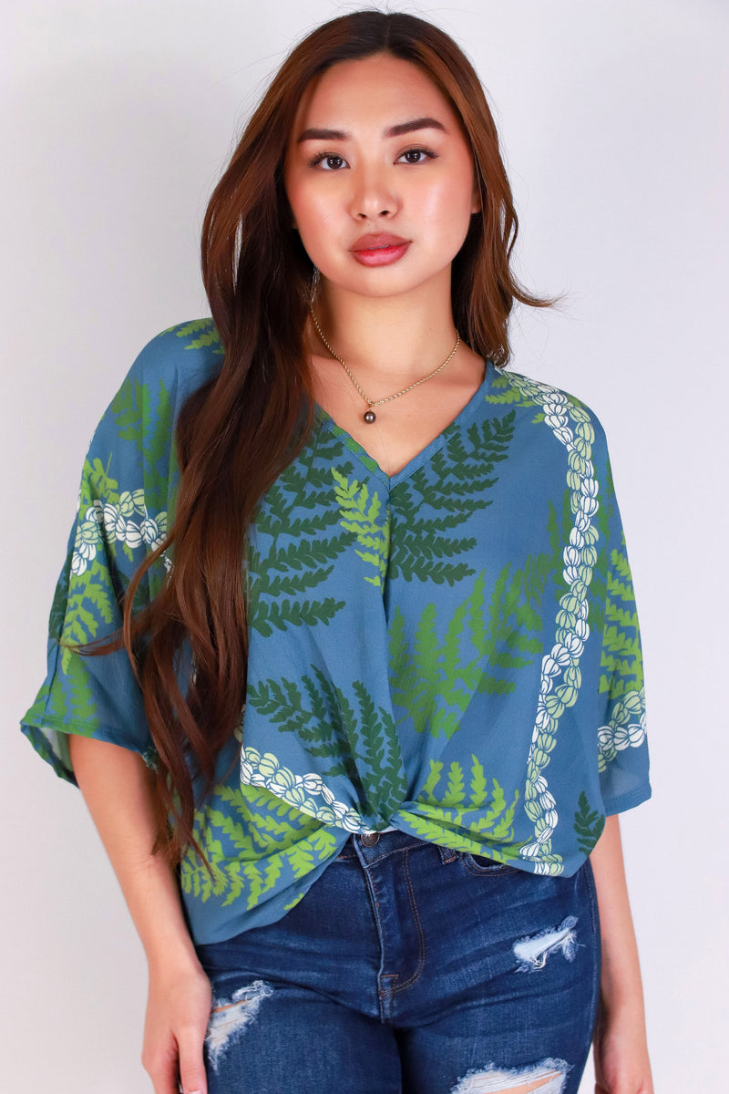 Jeans Warehouse Hawaii - S/S PRINT WOVEN DRESSY TOPS - PIKAKE PALAPALAI TWIST BOTTOM TOP | By LUZ
