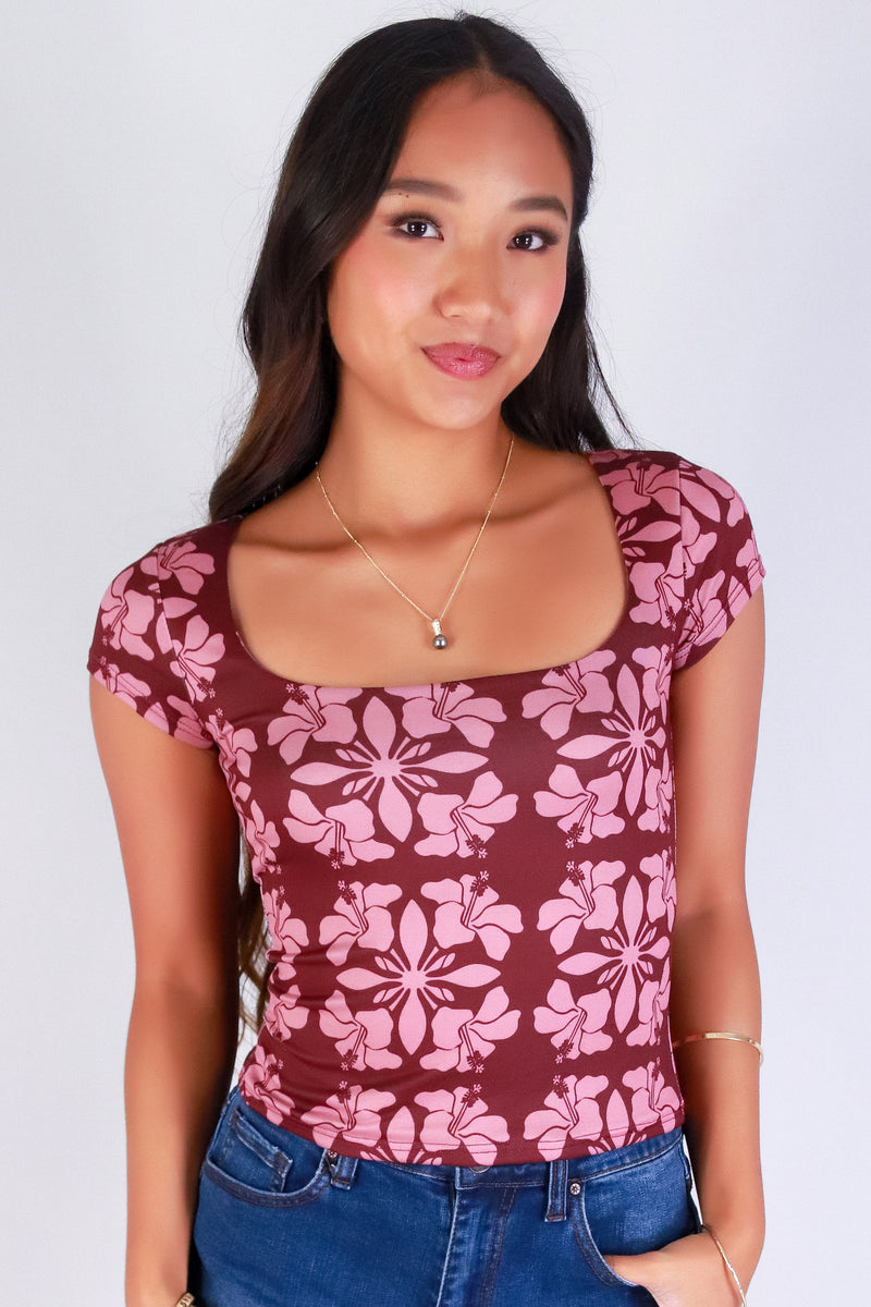 Jeans Warehouse Hawaii - SS PRINT - HIBISCUS QUILT SQUARE NECK TOP | By LUZ