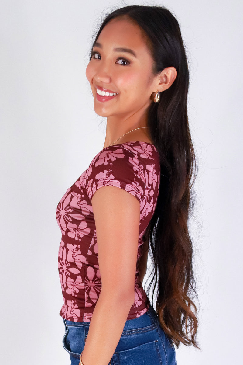 Jeans Warehouse Hawaii - SS PRINT - HIBISCUS QUILT SQUARE NECK TOP | By LUZ