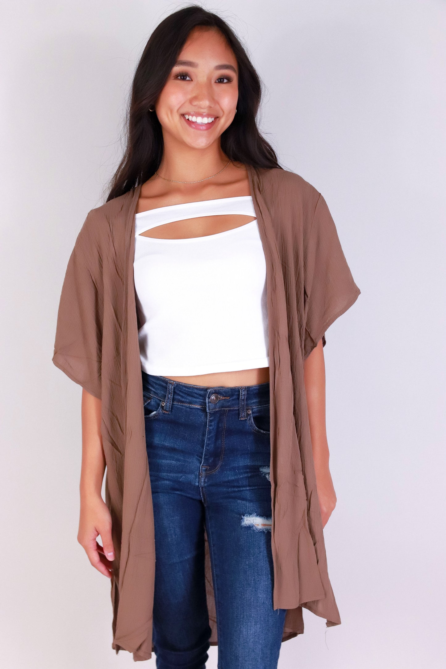 Jeans Warehouse Hawaii - S/S SOLID WOVEN CASUAL TOPS - YOU'RE GLOWING CARDIGAN | By AMBIANCE APPAREL