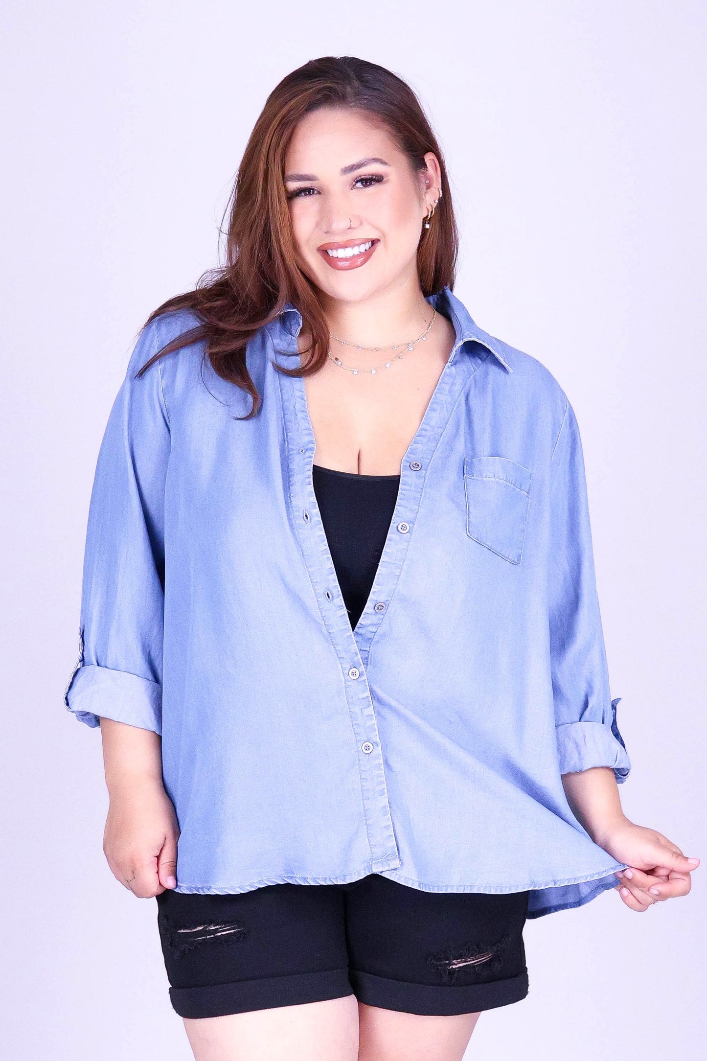 WHEN I SEE YOU CHAMBRAY TOP