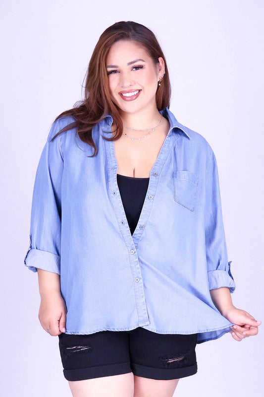 WHEN I SEE YOU CHAMBRAY TOP