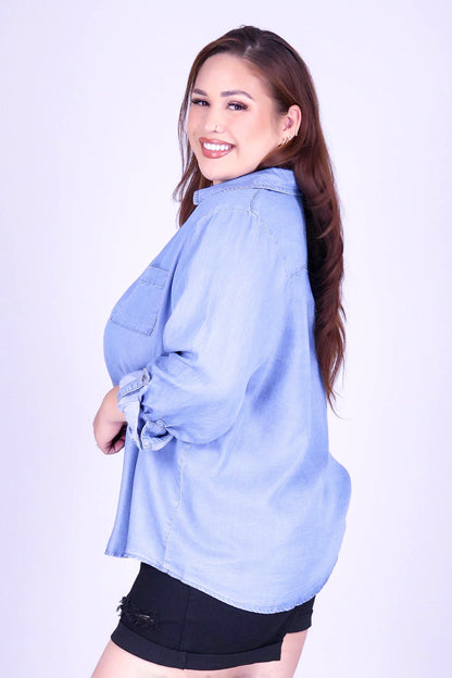 WHEN I SEE YOU CHAMBRAY TOP