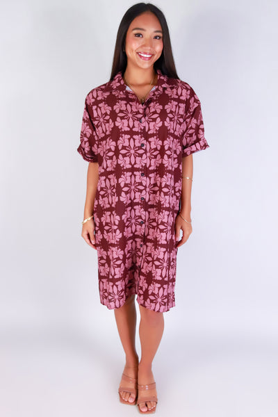 Jeans Warehouse Hawaii - SLEEVE SHORT PRINT DRESSES - HIBISCUS QUILT BUTTON DOWN DRESS | By LUZ