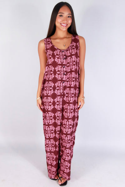 Jeans Warehouse Hawaii - PRINT CASUAL JUMPSUITS - HIBISCUS QUILT NO WAIST JUMPSUIT | By LUZ