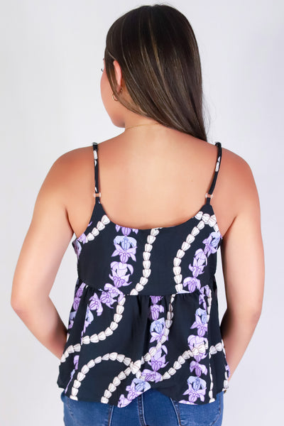 Jeans Warehouse Hawaii - TANK PRINT WOVEN DRESSY TOPS - PIKAKE CROWN FLOWER BABYDOLL TOP | By LUZ