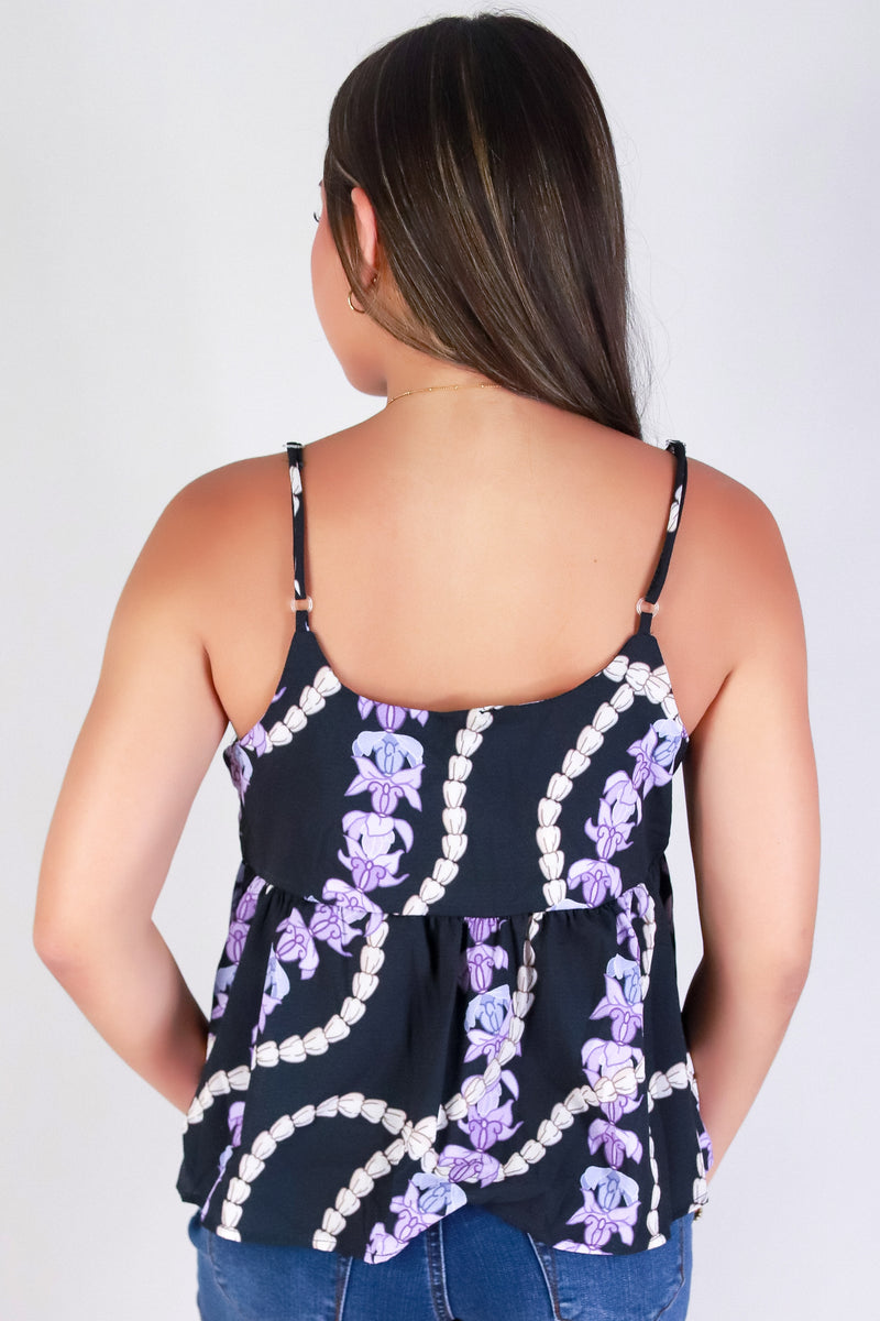Jeans Warehouse Hawaii - TANK PRINT WOVEN DRESSY TOPS - PIKAKE CROWN FLOWER BABYDOLL TOP | By LUZ