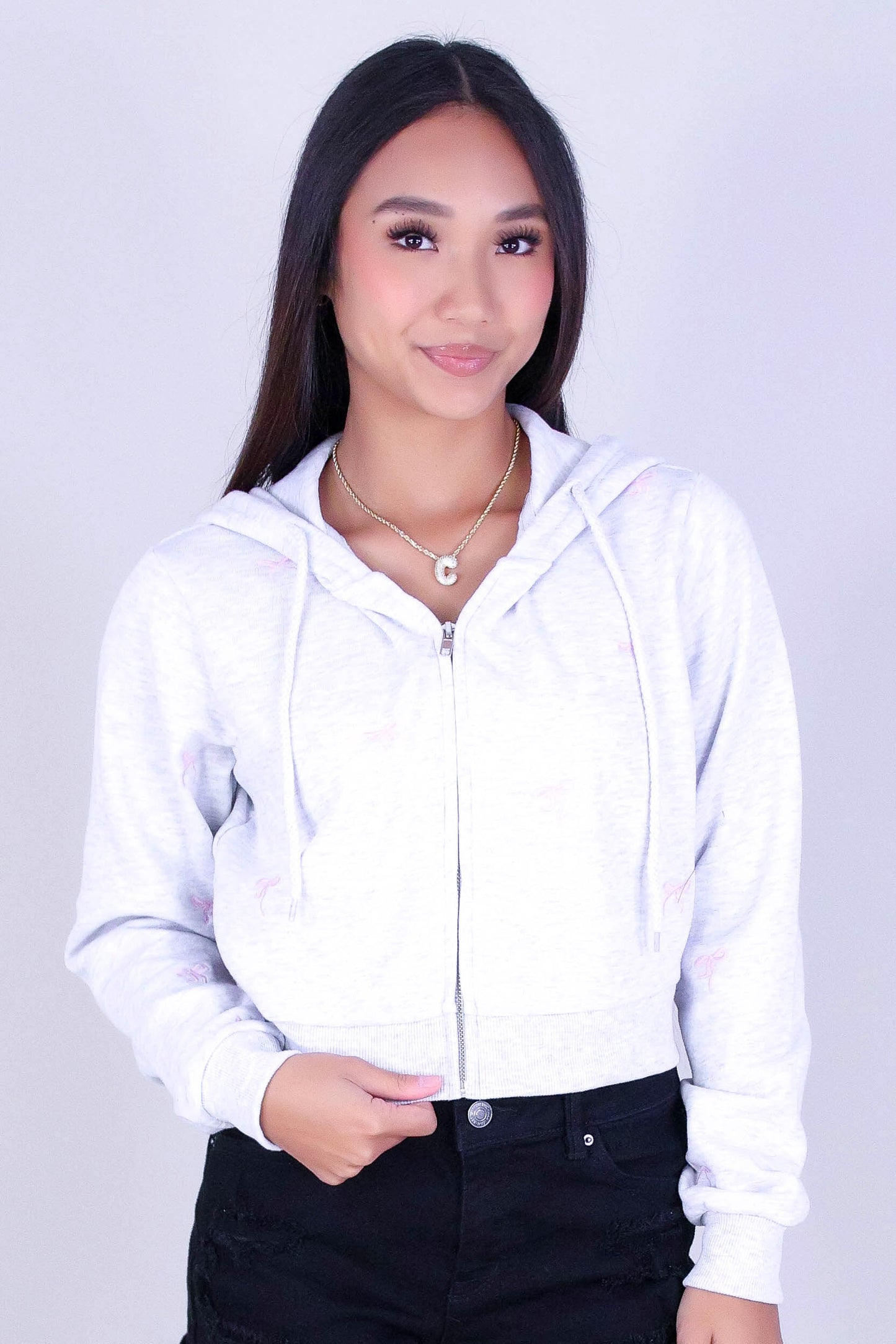 BOW EMBROIDERED CROPPED ZIP HOODIE