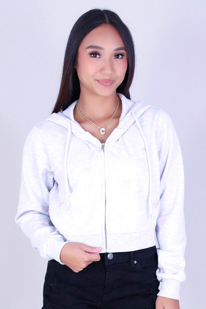 BOW EMBROIDERED CROPPED ZIP HOODIE