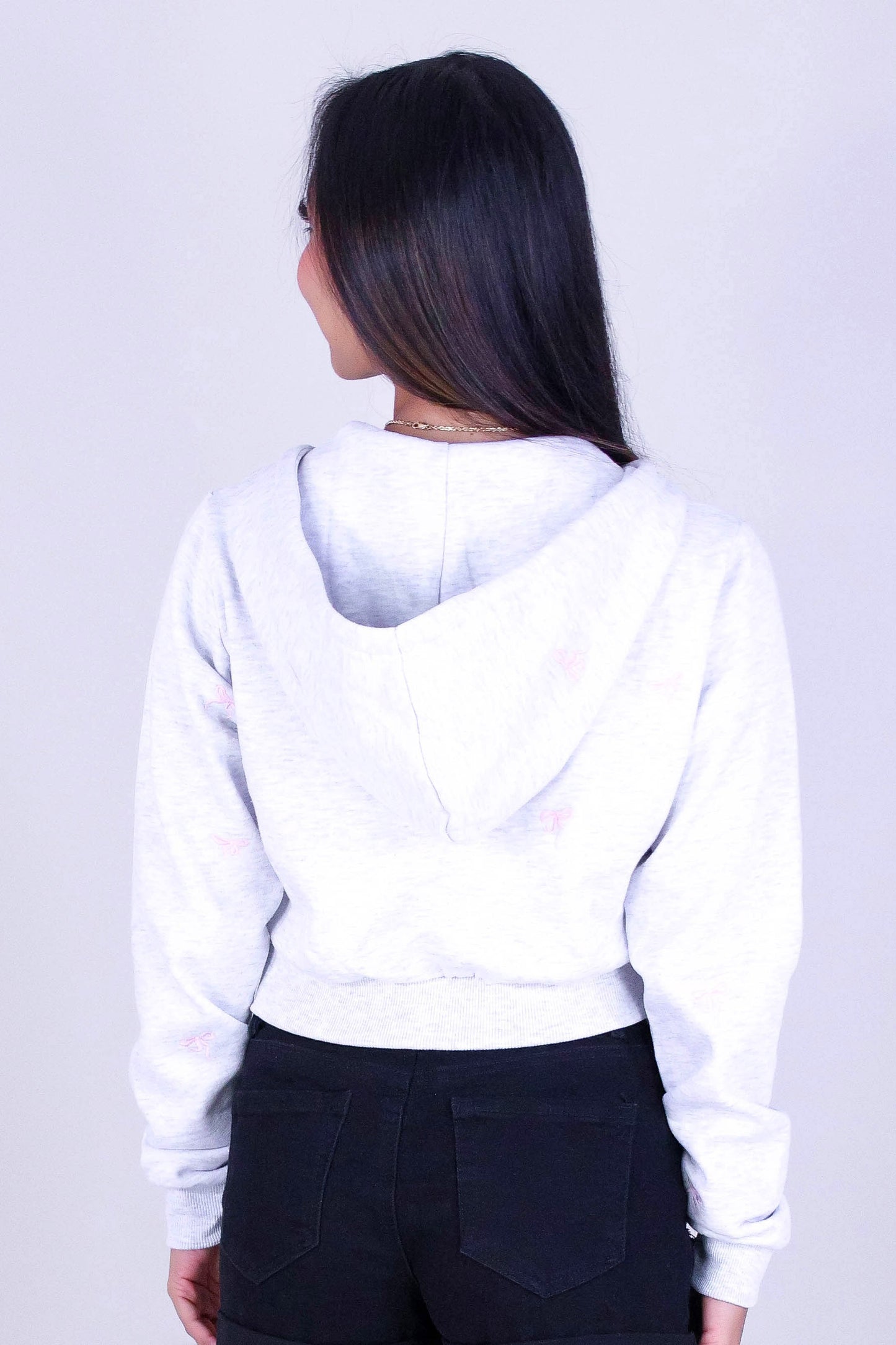 BOW EMBROIDERED CROPPED ZIP HOODIE