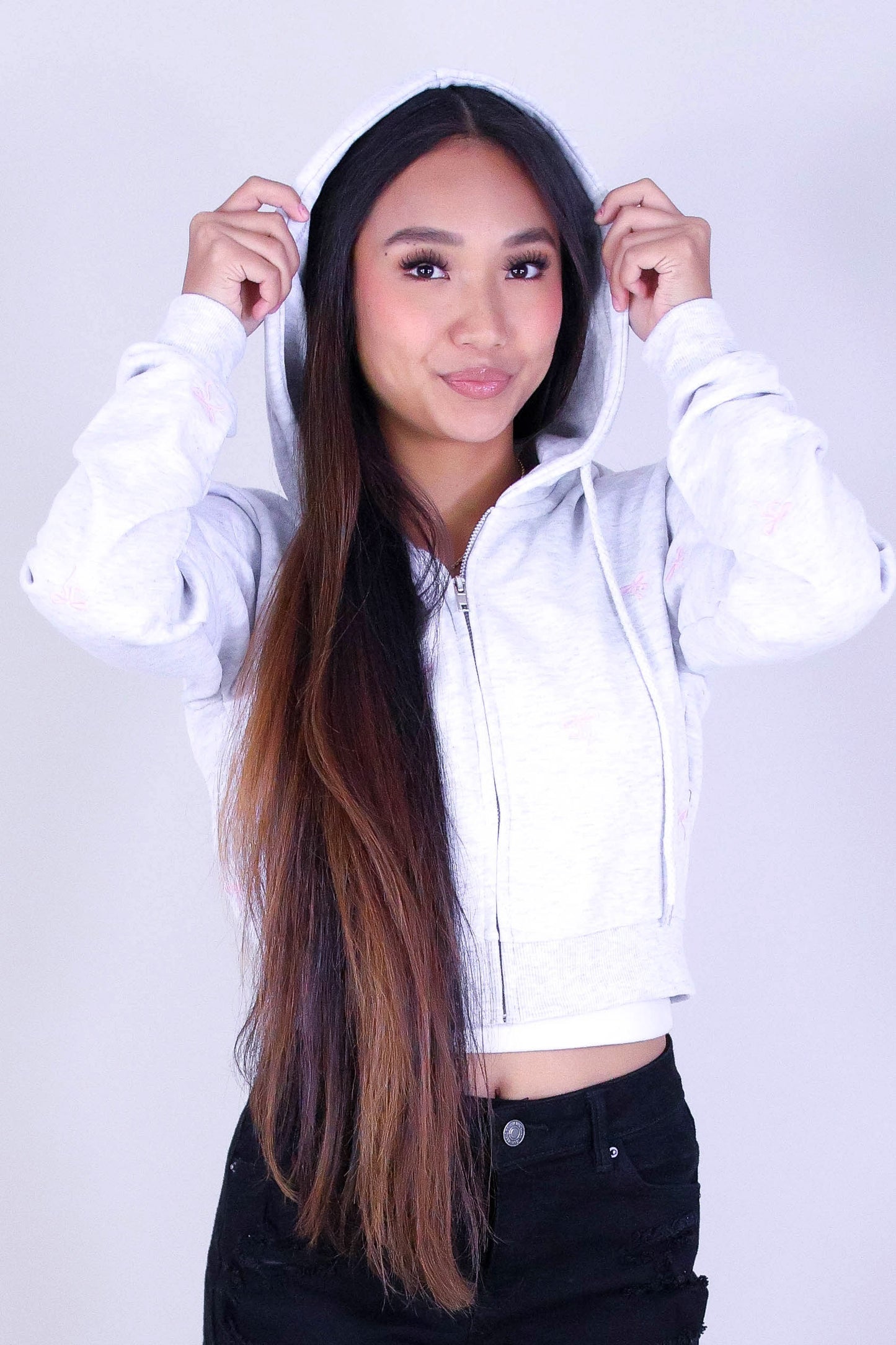 BOW EMBROIDERED CROPPED ZIP HOODIE