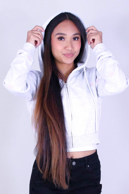 BOW EMBROIDERED CROPPED ZIP HOODIE