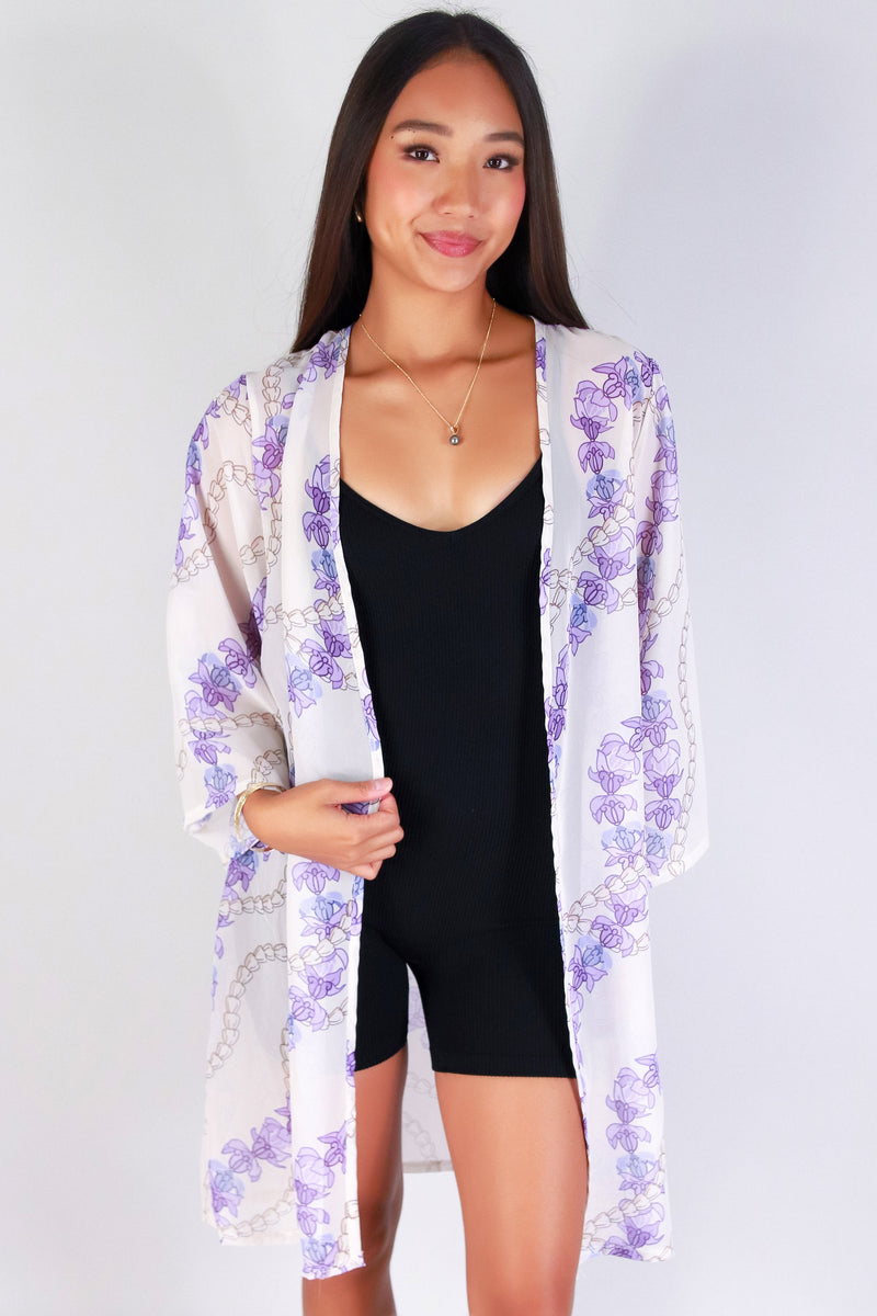 Jeans Warehouse Hawaii - S/S PRINT WOVEN DRESSY TOPS - PIKAKE CROWN FLOWER CHIFFON CARDIGAN | By LUZ