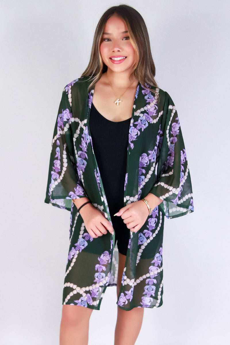 Jeans Warehouse Hawaii - S/S PRINT WOVEN DRESSY TOPS - PIKAKE CROWN FLOWER CHIFFON CARDIGAN | By LUZ