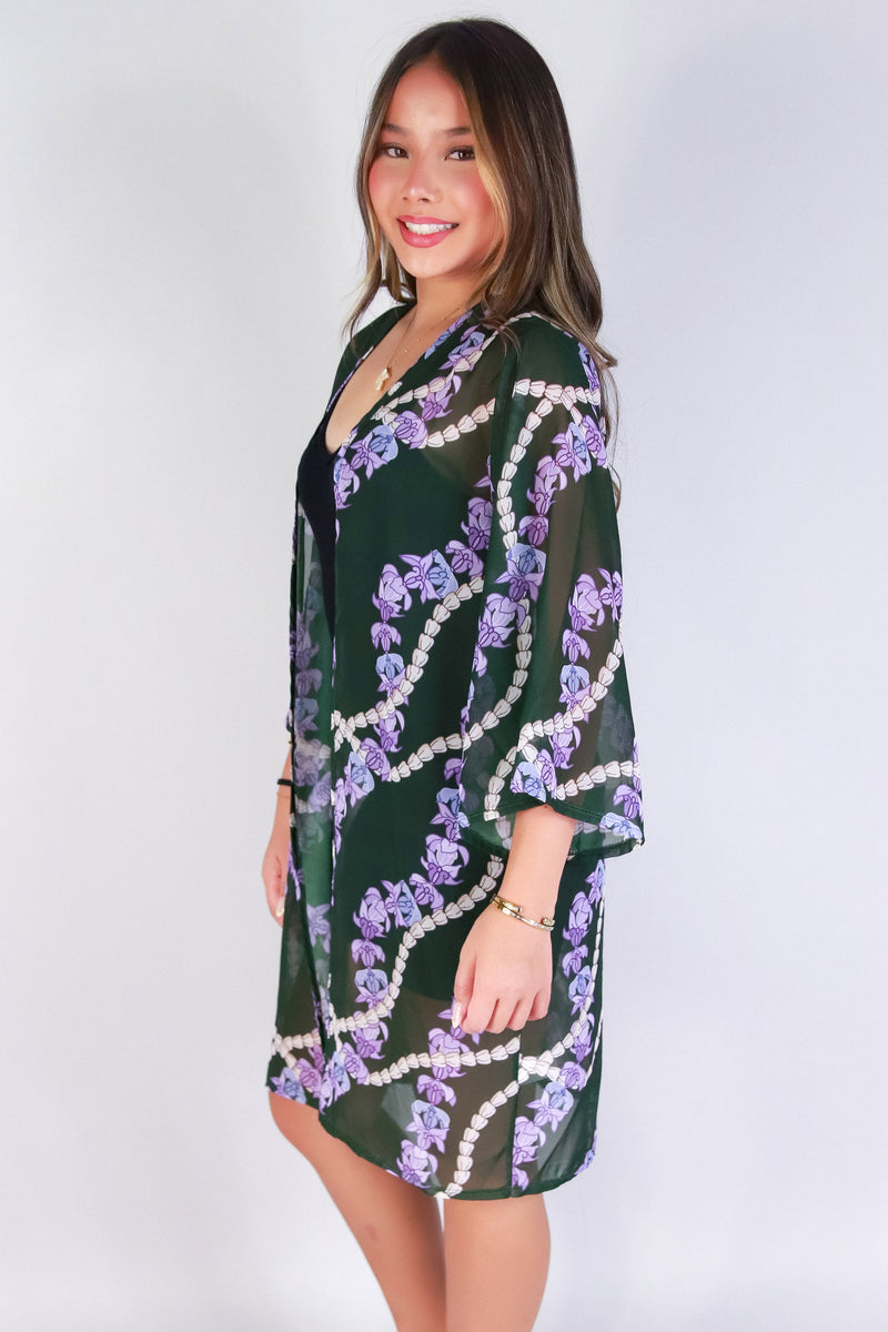 Jeans Warehouse Hawaii - S/S PRINT WOVEN DRESSY TOPS - PIKAKE CROWN FLOWER CHIFFON CARDIGAN | By LUZ