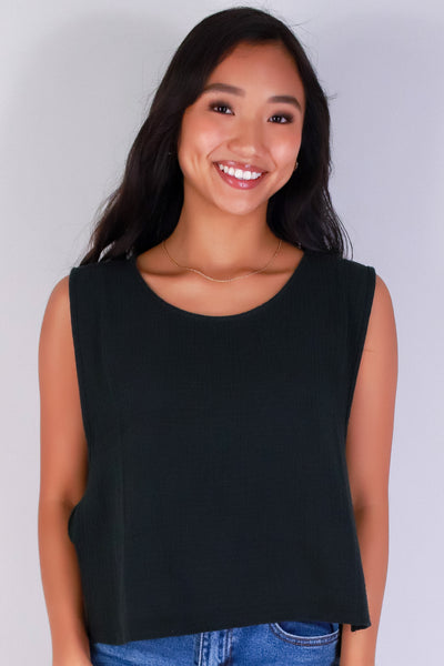 Jeans Warehouse Hawaii - TANK SOLID WOVEN CASUAL TOPS - TIED UP CUTIE TOP | By ZENANA (KC EXCLUSIVE,INC