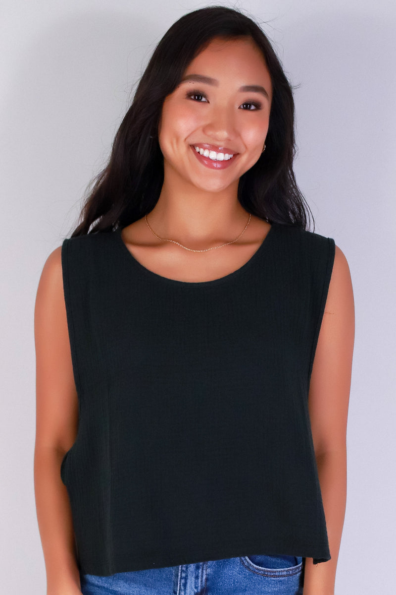 Jeans Warehouse Hawaii - TANK SOLID WOVEN CASUAL TOPS - TIED UP CUTIE TOP | By ZENANA (KC EXCLUSIVE,INC
