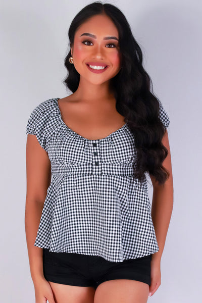 Jeans Warehouse Hawaii - S/S PRINT WOVEN CASUAL TOPS - GINGHAM CRUSH BABYDOLL TOP | By HYFVE