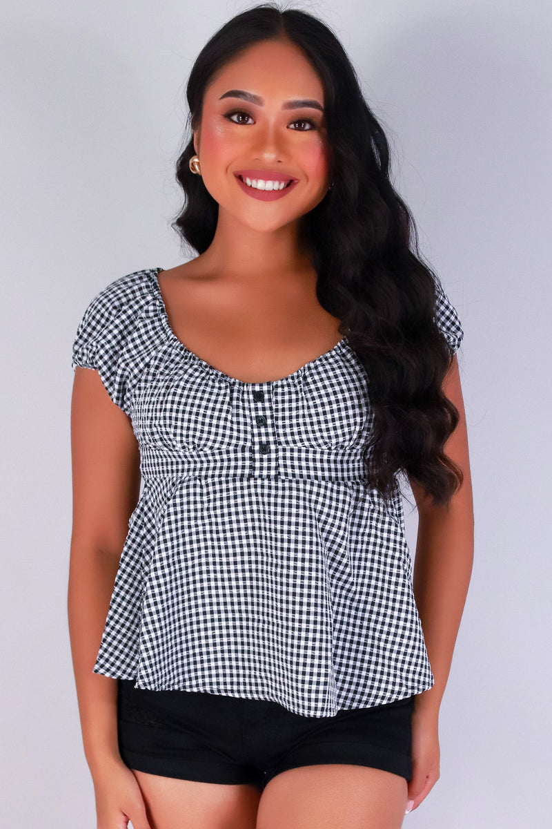 Jeans Warehouse Hawaii - S/S PRINT WOVEN CASUAL TOPS - GINGHAM CRUSH BABYDOLL TOP | By HYFVE