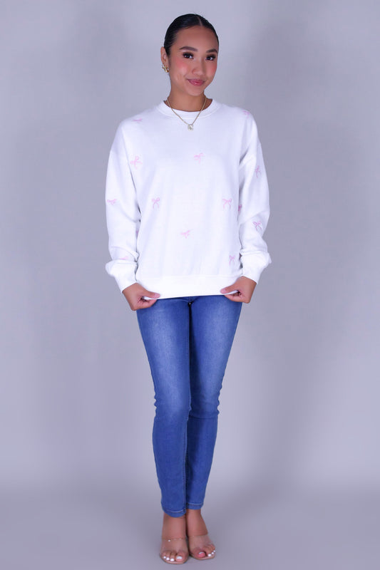 BOW EMBROIDERED CREW SWEATER