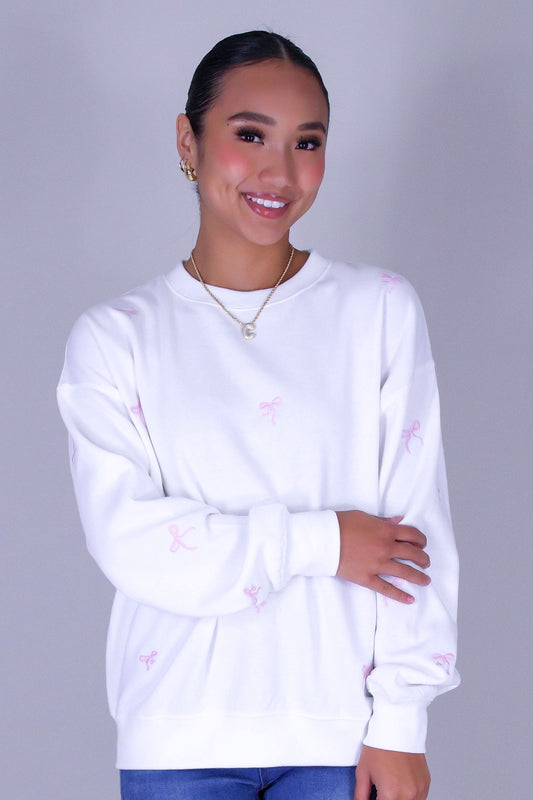 BOW EMBROIDERED CREW SWEATER
